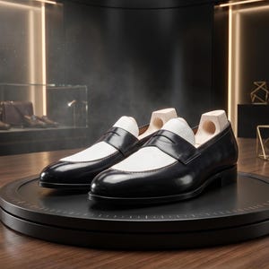 May include: A pair of black and white leather loafers with wooden shoe trees inside, displayed on a black rotating platform. The shoes have a classic design with a contrasting white vamp and a black upper.