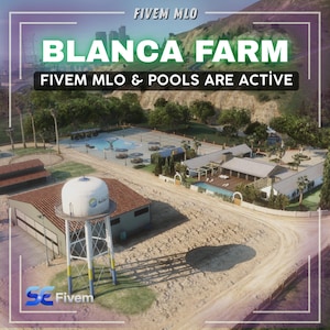 May include: An aerial view of a large complex with the text "BLANCA FARM" and "FIVE MLO & POOLS ARE ACTIVE". The complex includes buildings, a water tower, a basketball court, and a swimming pool. The image is set against a backdrop of green hills and blue sky.
