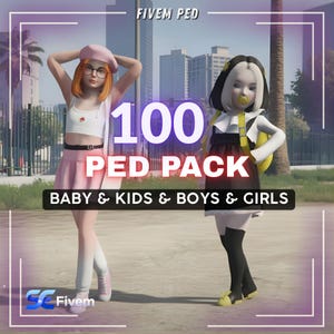 May include: An image promoting a "100 PED PACK" for babies, kids, boys, and girls. The image features two cartoon characters, one with red hair and a pink outfit, and the other with black and white hair and a black dress. The background includes city buildings.