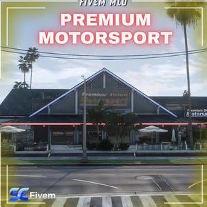 May include: Image of a building with the text "PREMIUM MOTORSPORT" in red neon. The building has a dark roof and a sign that reads "Premium Motorspot". Palm trees and a street are in the foreground.