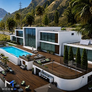 May include: A multi-level white modern house with large glass windows, a rectangular swimming pool, a wooden deck, outdoor seating areas, a basketball hoop, and a bar counter, set against a backdrop of palm trees and a mountain landscape.