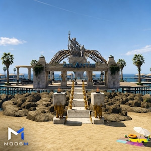 Pode incluir: Uma grande estrutura de pedra com a etiqueta ATLANTIS, apresentando uma estátua central de uma figura segurando um tridente, elevada por uma escadaria ladeada por estátuas de elefantes dourados, situada numa praia com palmeiras e mar azul.