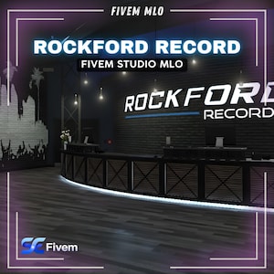 Könnte beinhalten: Innenaufnahme eines modernen Studios mit dem Text "ROCKFORD RECORD" in großen, beleuchteten Buchstaben. Der Raum verfügt über einen Empfangstresen, dunklen Holzboden und eine Backsteinmauer. Die Worte "FIVE M STUDIO MLO" sind ebenfalls sichtbar.