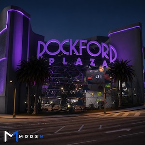 May include: The exterior of Rockford Plaza at night, featuring a large, illuminated purple sign with the text ROCKFORD PLAZA. The building has a modern architectural design with geometric glass panels, purple accent lighting, and two palm trees.