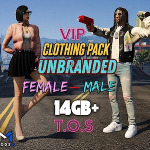 May include: A digital character display featuring a VIP CLOTHING PACK UNBRANDED for FEMALE and MALE avatars. The female wears a pink puffer jacket, white top, and black skirt. The male wears a black and white varsity jacket and light blue jeans.