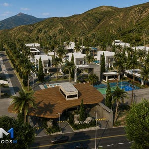 May include: An aerial view of a residential complex featuring white modern houses, palm trees, and a blue tennis court. A large wooden canopy structure sits at the entrance with the word Vintage displayed on a stone wall near the road and mountains.