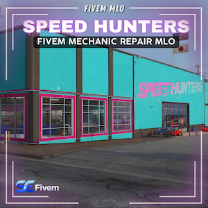 Pode incluir: Um edifício azul-turquesa com acabamentos rosa e janelas grandes. O texto "SPEED HUNTERS" é exibido em rosa, e "FIVE MECHANIC REPAIR MLO" em preto. A imagem também inclui o texto "Fivem MLO" e o logotipo Fivem.