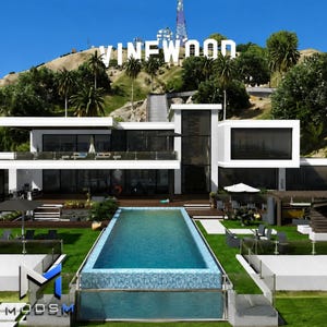 May include: A modern white multi-level house with a rectangular swimming pool in the foreground, featuring a glass-fronted edge. In the background, a hillside displays a large white sign reading VINEWOOD under a clear blue sky with palm trees.