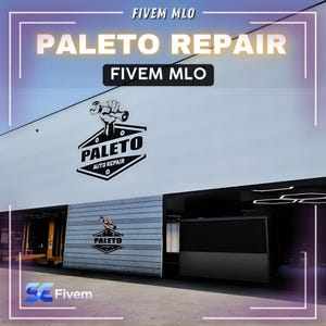 Könnte beinhalten: Außenaufnahme eines Gebäudes mit dem Text "PALETO REPAIR" und "FIVE MLO" in einer stilisierten Schriftart. Das Gebäude zeigt ein Logo mit einer Hand, die einen Schraubenschlüssel hält. Das Logo und der Text sind in Schwarz und Weiß.