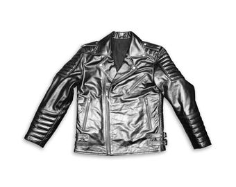 Herren Schwarz Leder Bikerjacke, Echte Rindsleder Motorradjacke, Gestepptes Moto, Handgefertigte Oberbekleidung