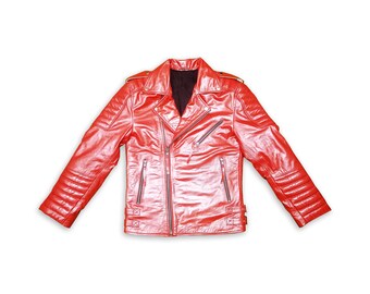 Men Red Leather Biker Jacket, Genuine Cowhide Motorcycle Jacket, Quilted Moto, Handmade Outerwear