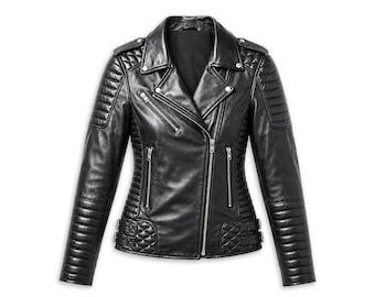Women’s Black Leather Biker Jacket, Genuine Moto, Quilted Motorcycle Jacket, Handmade Outerwear