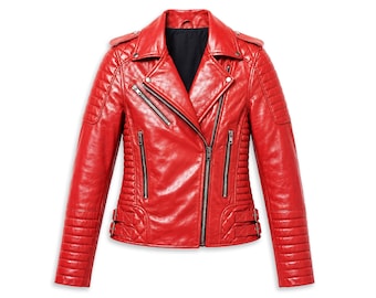 Women’s Red Leather Biker Jacket, Handmade Cowhide Moto Jacket, Faux Suede Lined Motorcycle Outerwear