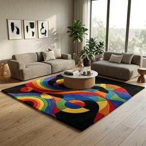May include: A large rectangular area rug featuring a vibrant, multi-colored abstract pattern with swirling shapes in red, orange, yellow, green, blue, and purple set against a deep black background, positioned on a light-toned wooden floor.