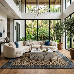 May include: A curved cream-colored sofa with textured fabric, accented by blue and neutral throw pillows and a draped throw blanket. A square white marble coffee table sits on a large area rug featuring a leopard print pattern with a blue border.