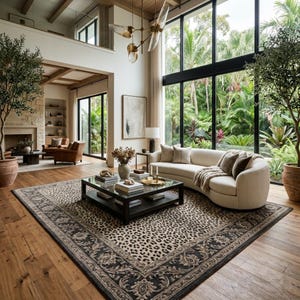 May include: A large rectangular area rug featuring a central leopard print pattern surrounded by a wide, dark decorative border with intricate floral motifs, placed on a light-toned wooden floor in a spacious living room with high ceilings.
