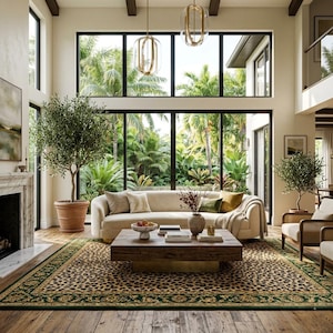 May include: A large rectangular area rug featuring a central leopard print pattern with a wide dark green border. The rug is placed in a living room with a cream-colored curved sofa, a wooden coffee table, and two potted olive trees.
