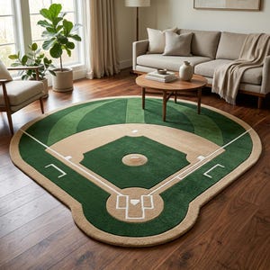 May include: A circular area rug featuring a detailed graphic design of a baseball field. The rug displays a green outfield, a tan infield, white base paths, and a home plate area, all rendered in a textured pile with distinct color blocking.