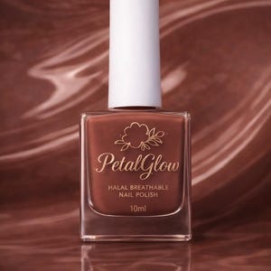 May include: A bottle of Petal Glow halal breathable nail polish in a warm brown shade. The bottle has a white cap and the brand name is in gold lettering. The bottle contains 10ml of polish.
