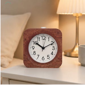 May include: A square wooden alarm clock with a white clock face and black hands and numbers. The clock has a brown wooden frame and sits on a white surface. The clock is near a lamp and a mug.