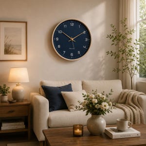 May include: A round wall clock with a dark blue face, white numerals, and thin gold-toned hands. The clock features a light-coloured wooden frame and is mounted on a plain wall. The design includes a small white logo text centred below the hands.