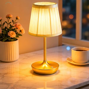May include: A cordless table lamp with a gold-toned metal base and a pleated, off-white fabric lampshade. The lamp emits a warm, soft glow and features a small circular power button on the base, providing illumination for a desk or bedside area.
