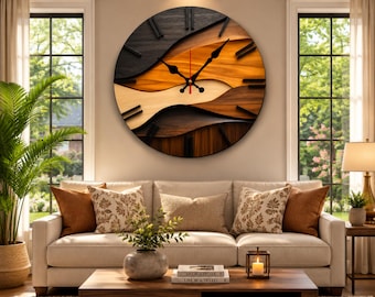 May include: A large circular wall clock featuring a layered, wave-like design made of wood in varying shades of black, dark brown, and light tan. The clock has black hour and minute hands, a thin red second hand, and black rectangular markers.