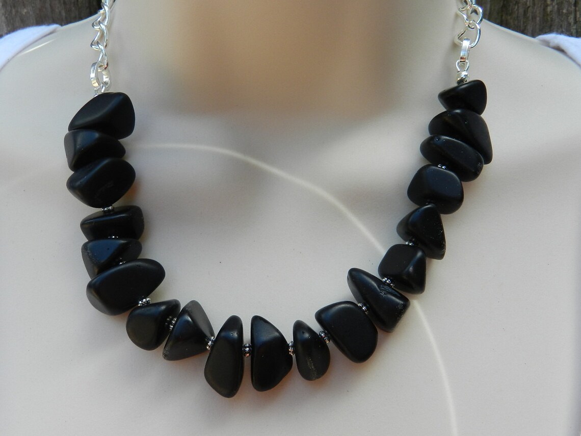 Matte Black Sea Glass and Chain Necklace - Etsy