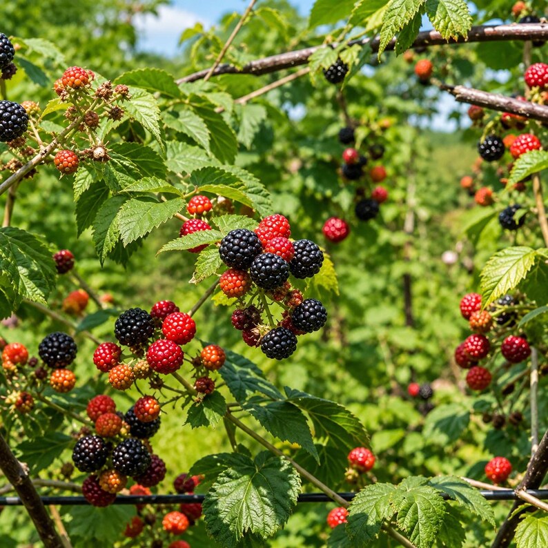 May include: A blackberry bush featuring clusters of ripe, dark black berries and unripe, bright red berries. The plant has serrated green leaves and thin, woody stems growing in a natural outdoor environment under bright, clear daylight conditions.