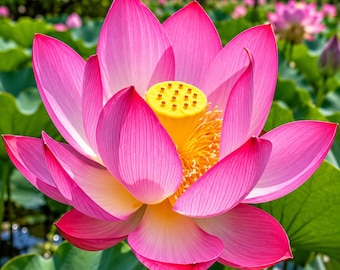 Semillas de loto sagrado (Nelumbo nucifera), planta acuática con flores.