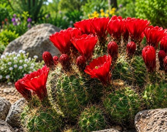 May include: A close-up of a green cactus with numerous bright red flowers in full bloom. The cactus has sharp spines and is surrounded by rocks and other greenery, creating a natural garden setting.
