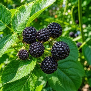 May include: A cluster of ripe, glossy black blackberries growing on a green plant. The fruit consists of numerous small, rounded drupelets tightly packed together. The berries are surrounded by vibrant, serrated green leaves with visible veins.