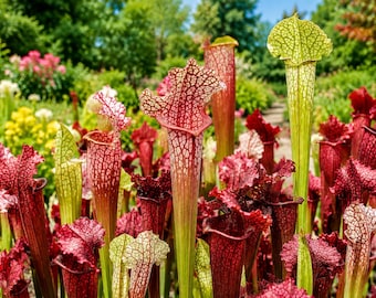 May include: A vibrant image of carnivorous pitcher plants in a garden setting. The plants display a range of colors, including deep reds, greens, and whites. The unique, tubular shapes and intricate patterns of the plants are clearly visible, with a blurred background of greenery.