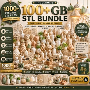 Puede incluir: Un gráfico promocional digital para un paquete de archivos STL de más de 100 GB con más de 1000 archivos 3D imprimibles. La imagen muestra una amplia colección de jarrones, lámparas, macetas, arte de pared y organizadores con texto.