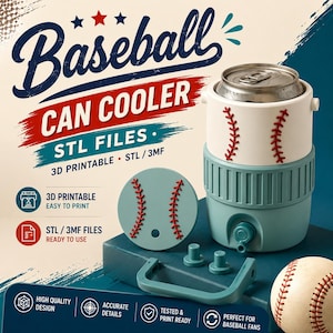May include: A baseball-themed can cooler with the text "Baseball CAN COOLER STL FILES." The cooler is white and teal, with red stitching details. Includes a baseball, handle, and additional parts.