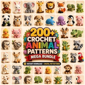 May include: A collection of colorful crochet animal patterns, including a bear, bunny, elephant, giraffe, lion, fox, turtle, panda, owl, cat, dog, whale, octopus, penguin, pig, duck, axolotl, hedgehog, sloth, deer, dragon, raccoon, parrot, unicorn, koala, frog, and monkey. The image includes the text "200+ Crochet Animal Patterns Mega Bundle".