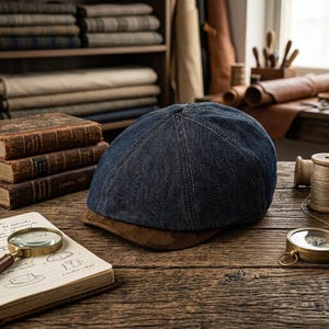 Könnte beinhalten: Eine dunkelblaue Schiebermütze aus Denim mit einem braunen Wildlederschirm. Die Mütze ist aus mehreren zusammengenähten Stoffbahnen gefertigt, was ihr eine abgerundete Form verleiht. Die Textur des Denim-Stoffes ist mit einem klassischen Webmuster sichtbar.