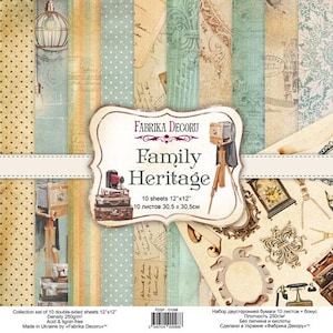 May include: A collection of 10 double-sided scrapbook paper sheets titled Family Heritage by Fabrika Decoru. The set features vintage-inspired patterns including polka dots, stripes, script, and antique cameras, measuring 30.5 cm by 30.5 cm.