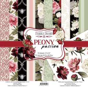 May include: A collection of 10 double-sided paper sheets titled Peony Passion by Fabrika Decoru. The set features patterns of red and white peonies, bees, and damask designs in black, white, pink, and green. Each sheet measures 30.5 cm by 30.5 cm.