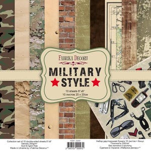 May include: A collection of 10 double-sided paper sheets measuring 20 cm by 20 cm, featuring military-themed patterns including camouflage, brick walls, and tactical gear illustrations with the text Fabrika Decoru Military Style.