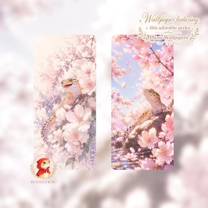 May include: Two phone wallpapers featuring a gecko in a cherry blossom setting. The gecko is tan with dark spots. The background is a soft pink and white with the text "Wallpaper featuring this adorable gecko Phone Wallpapers!"