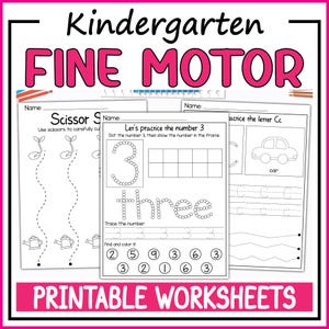 May include: Three black and white kindergarten fine motor printable worksheets featuring educational activities. The pages include tracing lines, practicing the number 3 with a ten frame, and letter C practice with a car illustration and dotted lines.