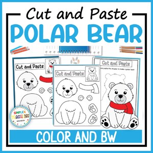 Könnte beinhalten: Ein Cut and Paste Polar Bear Aktivitätsset mit drei druckbaren Blättern, die schwarz-weiße Umrisse von Bärenteilen, ein farbiges Beispiel und das kreisförmige Simplex Teaching Resources Logo zeigen. Der Text lautet Cut and Paste POLAR BEAR.