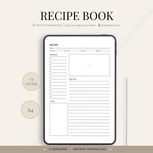 Puede incluir: Una plantilla de libro de recetas digital mostrada en una pantalla de tableta con un lápiz óptico blanco. El diseño incluye secciones para título, tiempo de preparación, tiempo de cocción, ingredientes, instrucciones y notas.