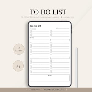 Puede incluir: Una plantilla digital de lista de tareas mostrada en una pantalla de tableta con un lápiz óptico blanco. El diseño incluye secciones para prioridades, tareas y notas con casillas y líneas. Texto: TO DO LIST, US LETTER, A4, 3 VERSIONS.