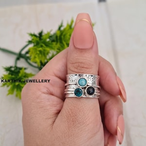 Wide Floral Spinner Ring 925, Multi-Stone Meditation Band, Bohemian Worry Ring, Birthday Gift for Her, 3-Gemstone Band