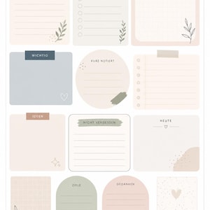 Könnte beinhalten: Ein Stickerbogen mit verschiedenen rechteckigen, runden und bogenförmigen Notizzetteln in Pastelltönen wie Rosa, Beige und Salbeigrün. Die Designs enthalten linierte, karierte und leere Flächen mit deutschen Beschriftungen wie NOTIZEN und TO DO.