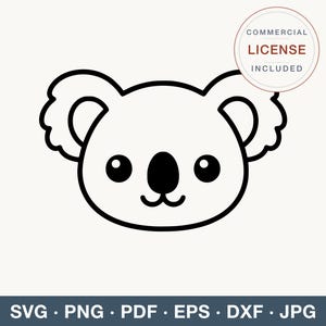 May include: A black and white line art illustration of a koala head with large ears, round eyes, and a small nose. A circular badge in the upper right corner contains the text COMMERCIAL LICENSE INCLUDED. The bottom bar lists SVG, PNG, PDF, EPS, DXF, JPG.