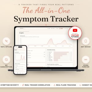 Può includere: Un tracker digitale dei sintomi visualizzato sullo schermo di un computer portatile e di uno smartphone. L'interfaccia presenta grafici, livelli di gravità e correlazioni tra i trigger. Il testo include "The All-in-One Symptom Tracker", "Includes a YouTube Tutorial", "100% Offline", "No Subscription", "Any Device" e "Yours Forever".