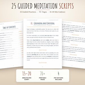 Puede incluir: Una colección de 25 guiones de meditación guiada mostrados en tres páginas blancas. El texto incluye una tabla de contenidos e instrucciones detalladas para el enraizamiento y centrado. El documento tiene más de 70 páginas y 15-20 minutos.